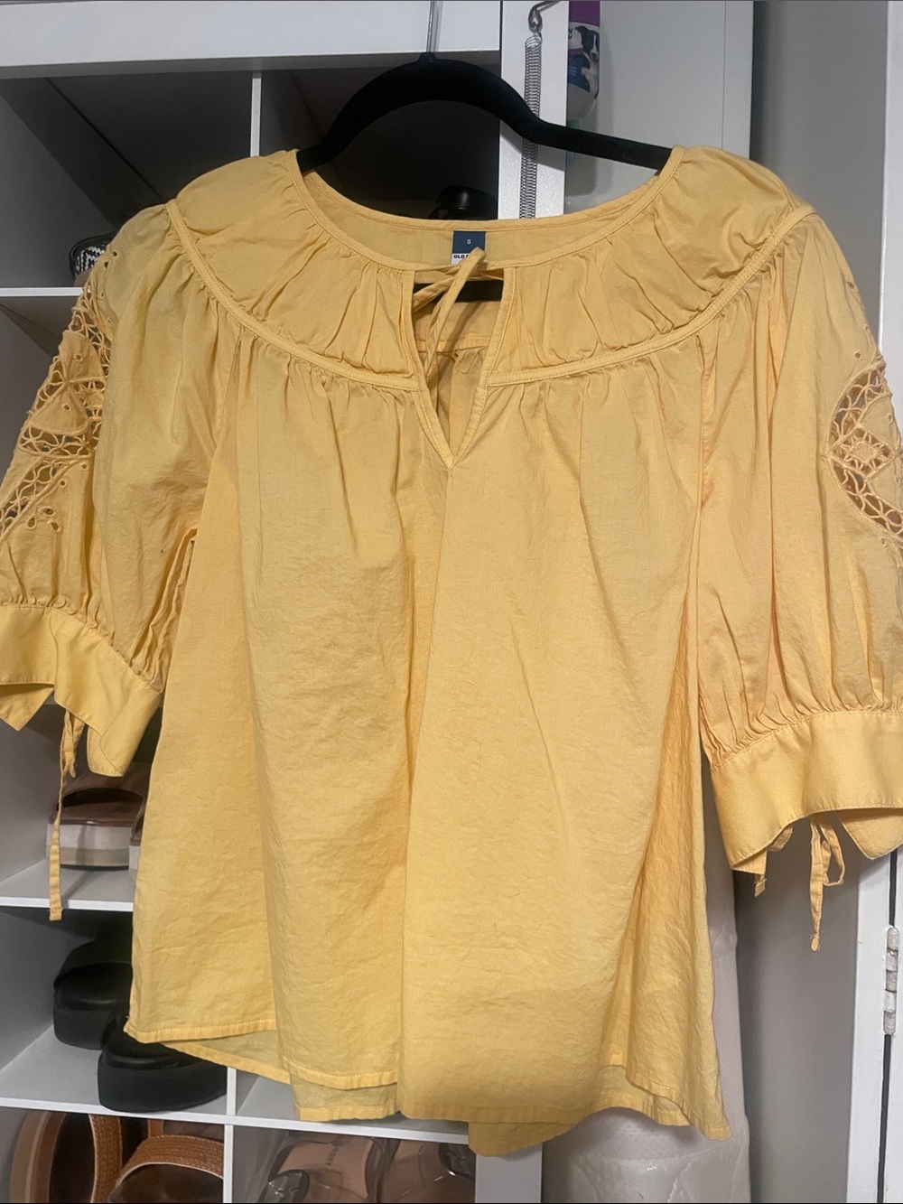 Old Navy Lemon Yellow Peasant Blouse with Crochet Sleeves